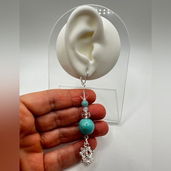 SALE! 3" dangle earrings in silver tone metal with glass, stone, ceramic beads! - Picture 10 of 10